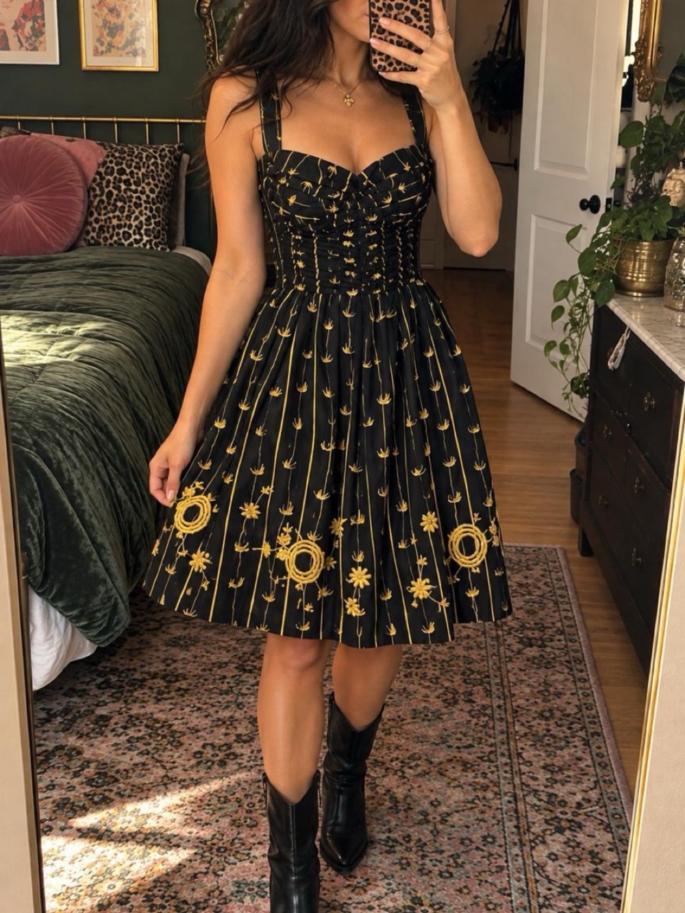 Moulinette Soeurs for Anthropologie Black & Gold Embroidered Dress
